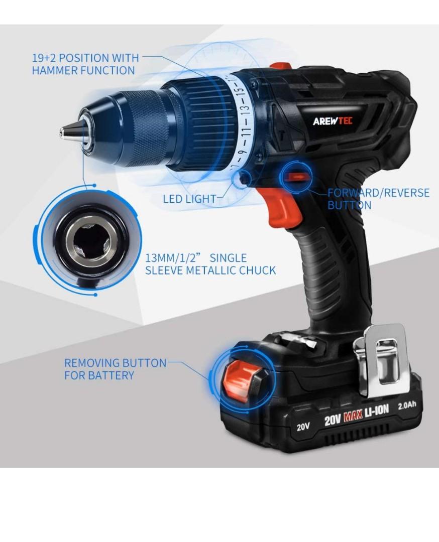 AREWTEC Cordless Drill with Hammer Action, 20V Drill Driver 2.0Ah