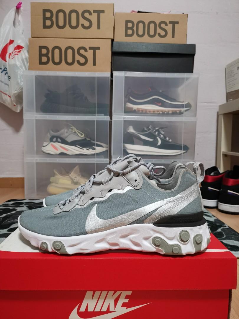 Nike react element 55 silver 2025 on feet