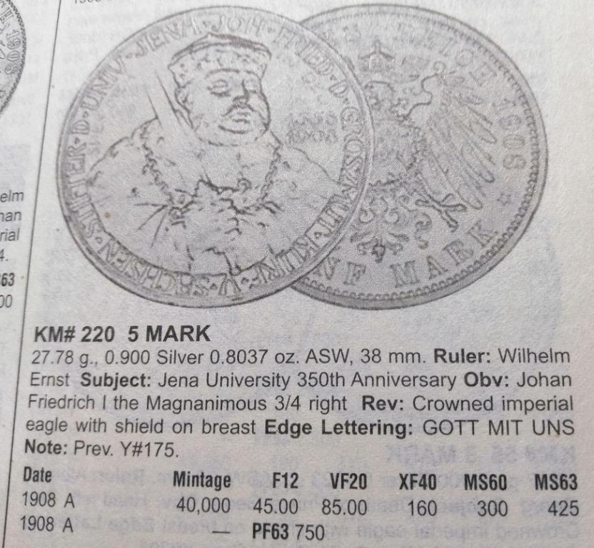 德國1908年耶拿大學350周年紀念5帝國馬克銀幣ACCA鑑級幣MS66 CBU級極高