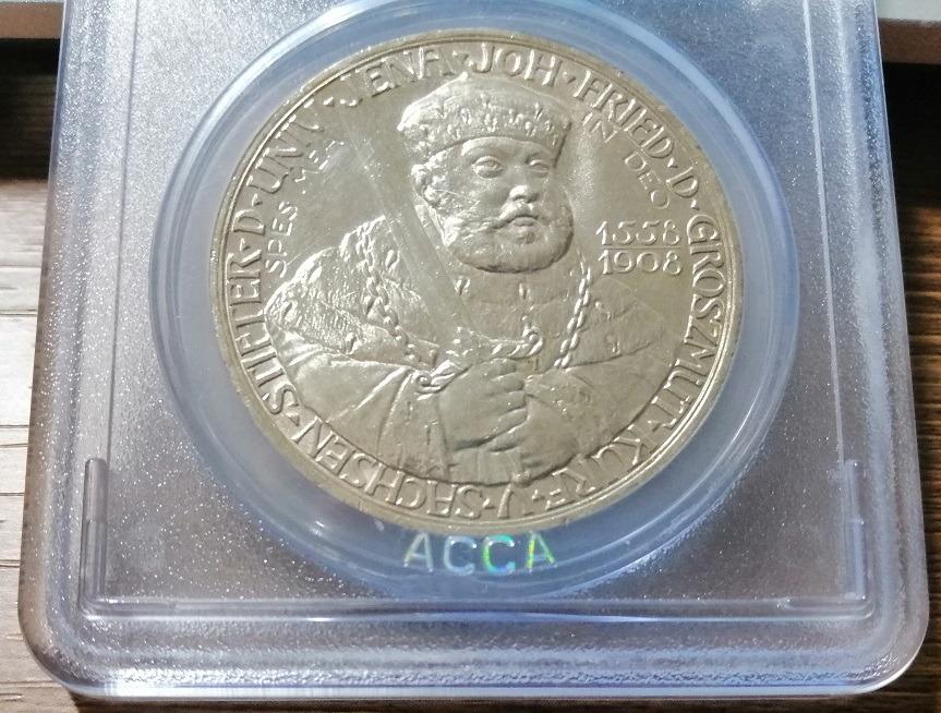 德國1908年耶拿大學350周年紀念5帝國馬克銀幣ACCA鑑級幣MS66 CBU級極高