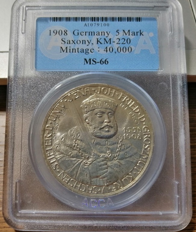 德國1908年耶拿大學350周年紀念5帝國馬克銀幣ACCA鑑級幣MS66