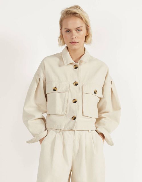 Bershka utility jacket with puff sleeves in Beige