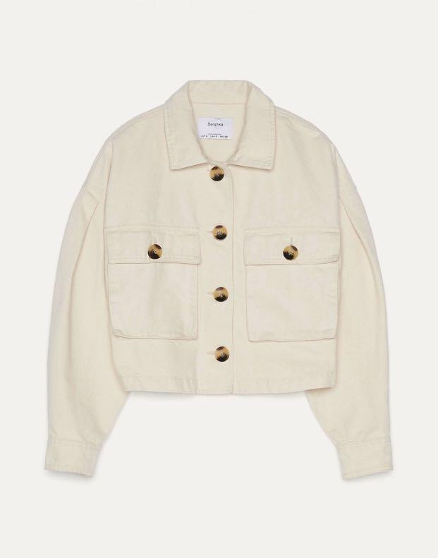 bershka pocket front utility denim jacket in beige