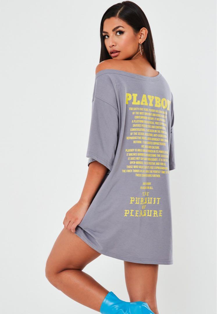 playboy x missguided Grey Off Shoulder T shirt Dress Women s Fashion Tops Sleeveless on Carousell