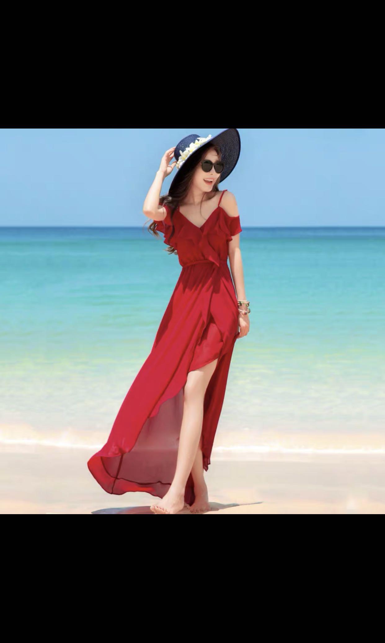 Migu red floral one-piece dress women's summer high-end beach dress seaside  vacation waist V-neck long dress
