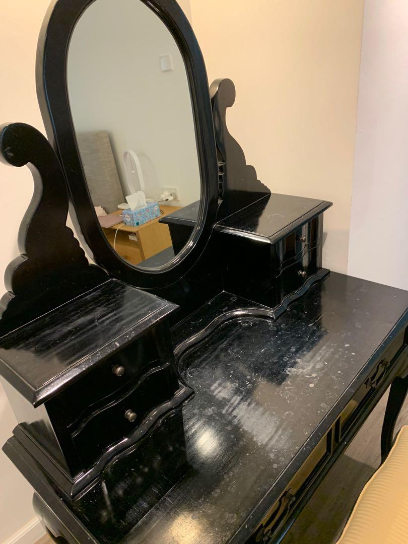 Mahogany Black French Dressing Table With Mirror and Chair, Furniture