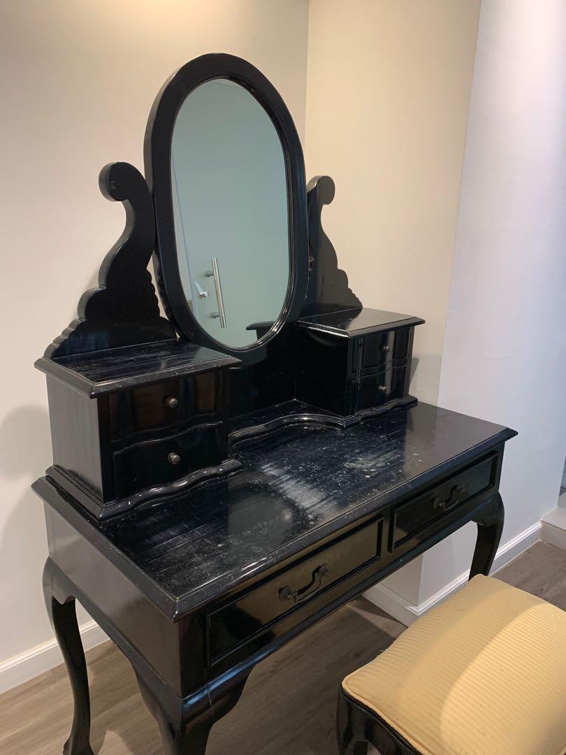 Mahogany Black French Dressing Table With Mirror and Chair, Furniture