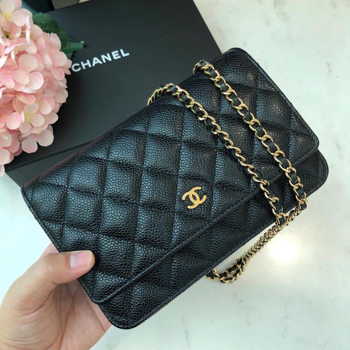 CHANEL Black Classic Wallet On Chain WOC Shoulder Bag Crossbody k89