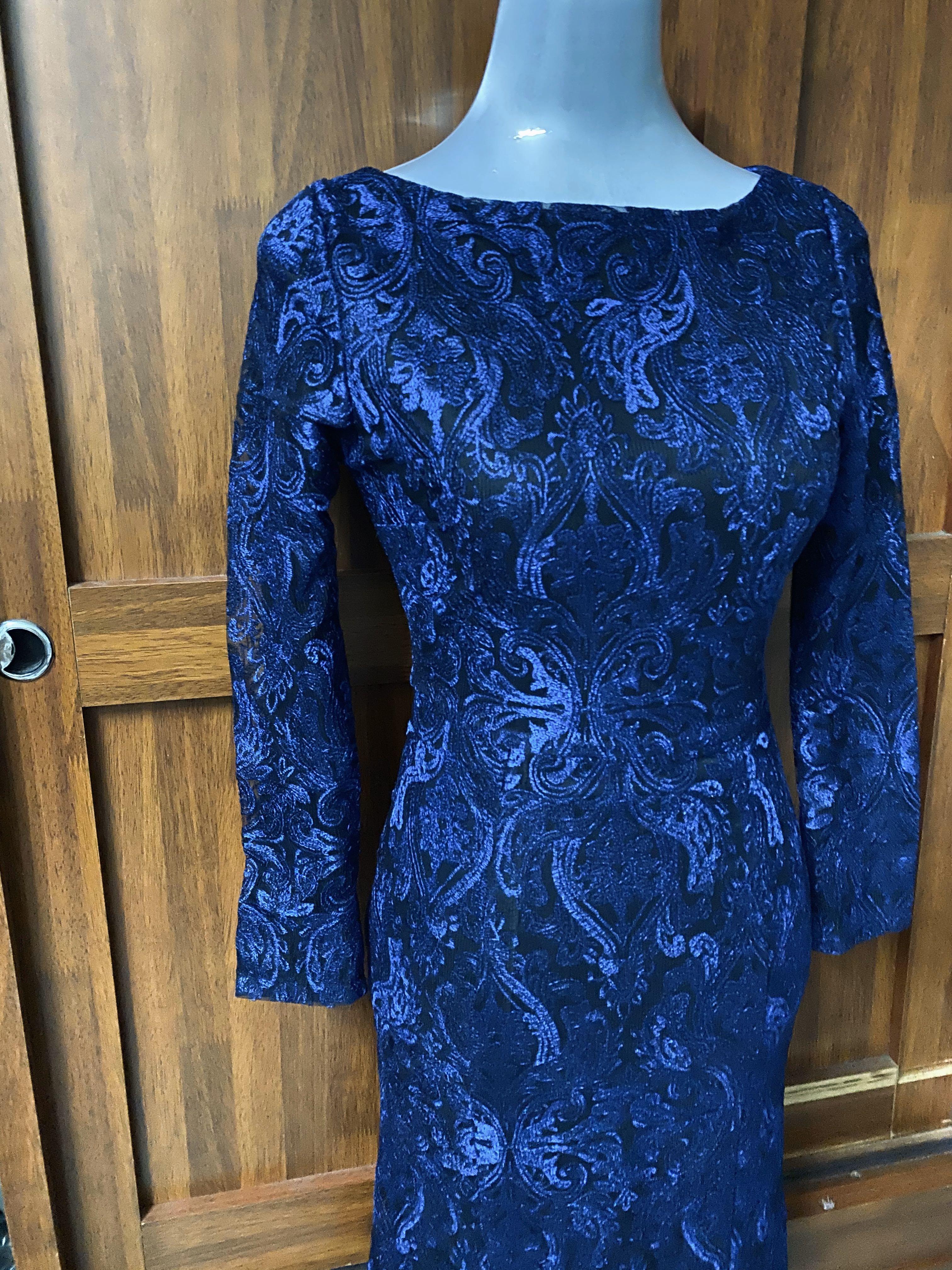 Zalia Metallic Mermaid Lace Dress in Navy Blue