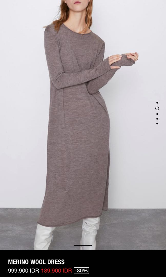 ZARA Taupe Wool Merino Dress, Fesyen 