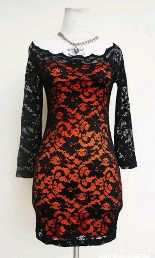 Bodycon Mini Dress lace hitam orange