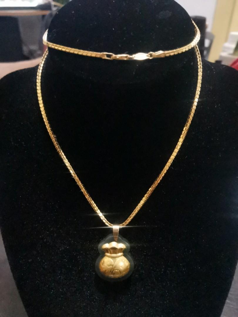 18k gold chain with lucky money bag jade pendant, Women's ...