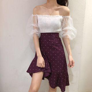 Purple polka dot asymmetric skirt ruffle hem with elastic waist band