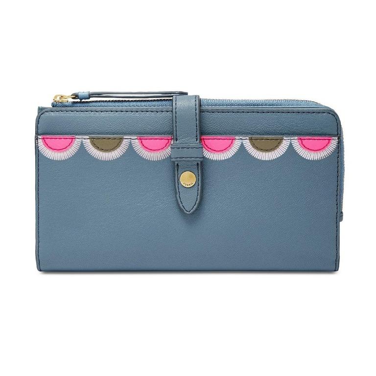 美國Fossil Fiona Tab Clutch 湖水藍色皮革波浪圖案長型銀包, 女裝