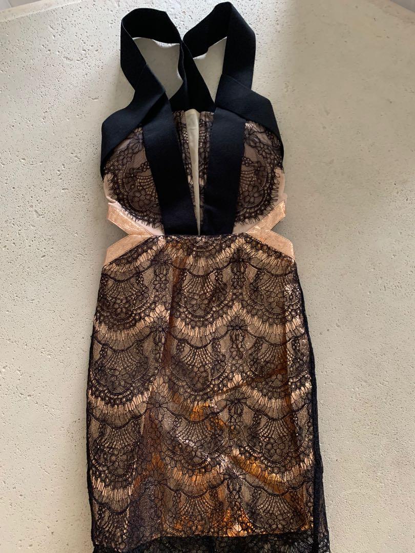 Three Floor Lace black and gold Dress Size UK 6 Xs/ Xxs, Women's Fashion,  Tops, Sleeveless on Carousell