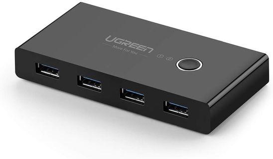 UGREEN USB 3.0 Sharing Switch Selector 4 Port 2 Computers Peripheral Switcher Adapter Hub for PC, Printer, Scanner, Mouse, Keyboard with One Button Swapping and 2 Pack USB Male Cable #1764