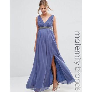 NWT Little Mistress Navy & Peach Embellished Maternity Gown Dress
