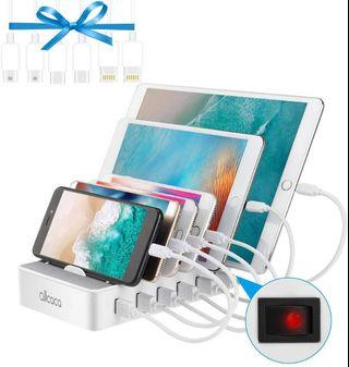 allcaca Fast Charging Station for Multiple Devices-Charging Station Family Charge Docking Station & Organizer with 6 USB Ports Mixed Cables-Compatible with iPhone iPad and Android Phone and Tablet #1773