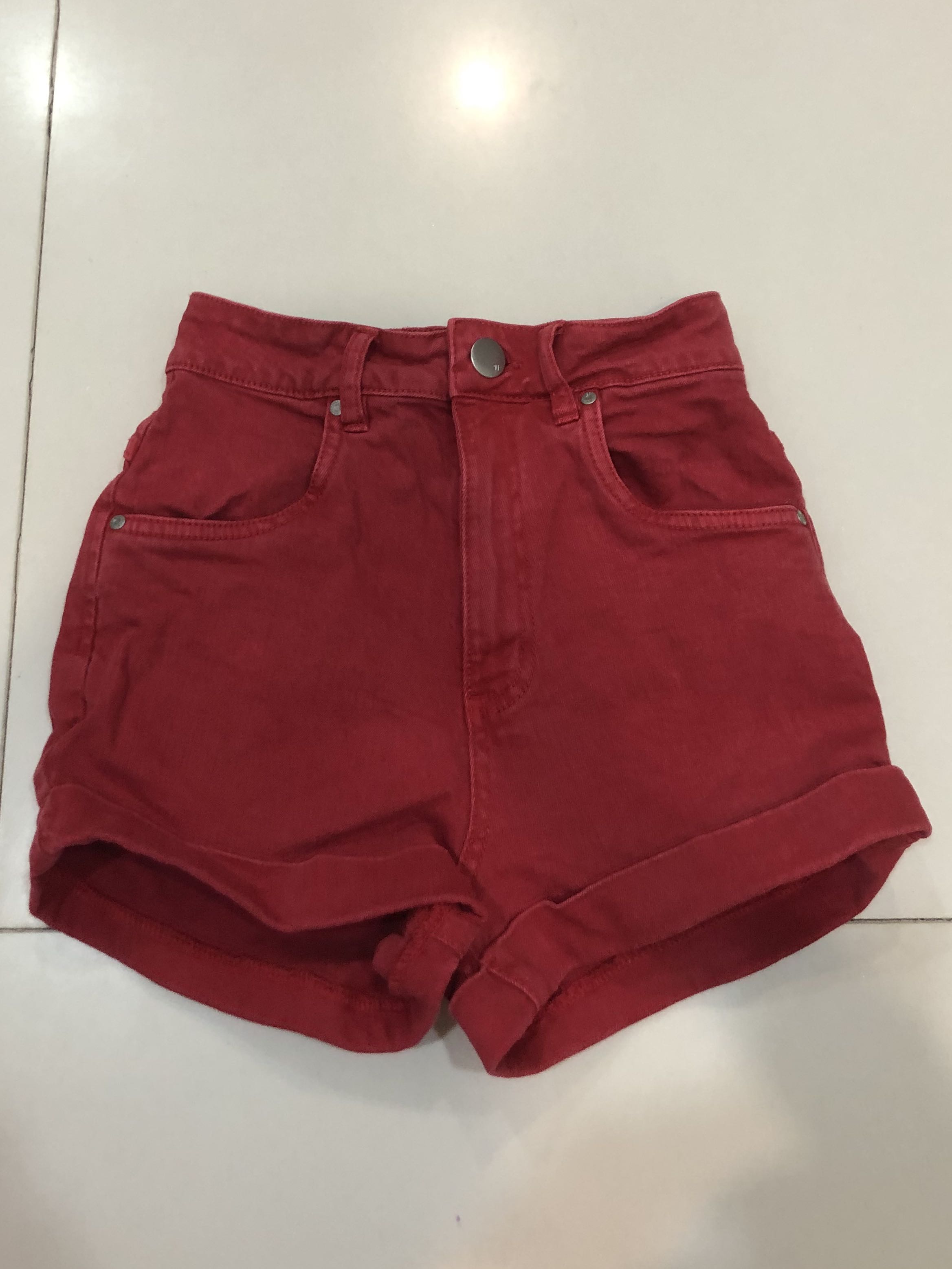 Red denim shorts high waisted cheap