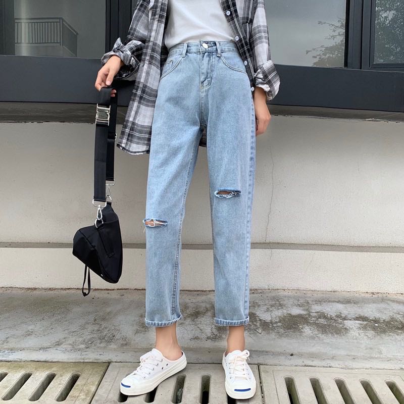 716 light blue denim slit knee ripped jeans mom boyfriend high