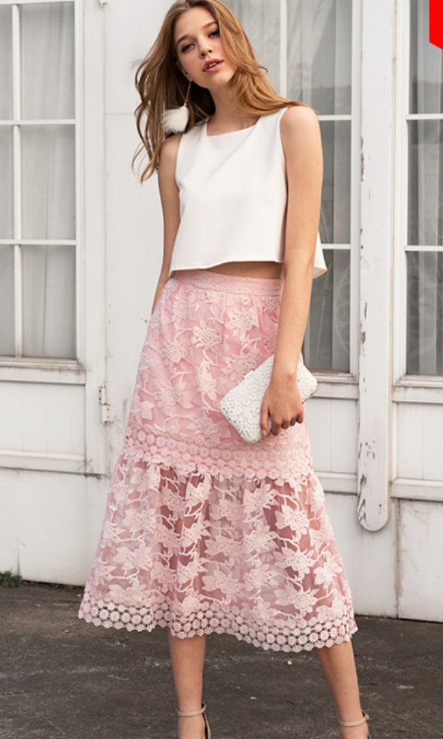 pink crochet midi skirt
