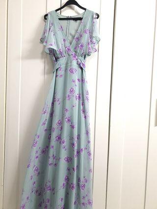 Lulus Beautiful Sage Green Floral Yours Dearly Loved Flowy Flutter Maxi Dress