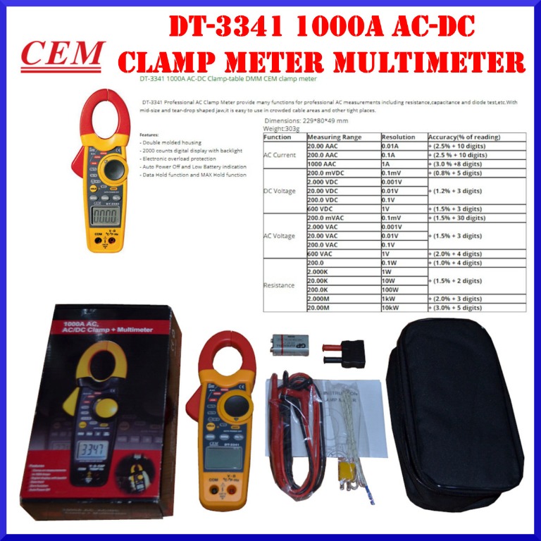 CEM Clamp Meter Multimeter DT3341 1000A ACDC, Furniture & Home Living