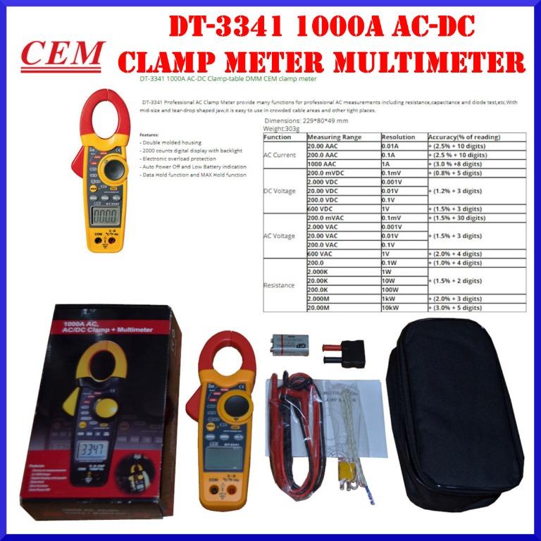 CEM Clamp Meter Multimeter DT-3341 1000A AC-DC (Category: Pest Control) located in Manila. Submitted by raineshop77 (Listing ID 284524762, Image 1). Description: SMS 09154249914 DT-3341 1000A AC-DC Clamp-table DMM CEM clamp meter DT-3341 Professional AC Clamp Meter provide many functions for professional AC measurements including resistance,capacitance and diode test,etc.With mid-size and tear-drop shaped jaw,it is easy to use in crowded cable ar