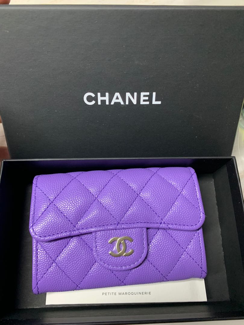 Small flap wallet - Grained shiny calfskin & gold-tone metal, purple —  Fashion
