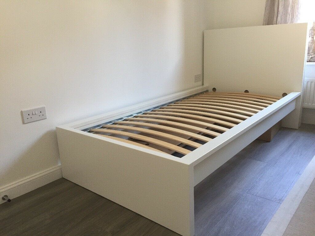 Ikea White Malm Single Bed with LURÖY Wooden Slat Base Luroy, Furniture