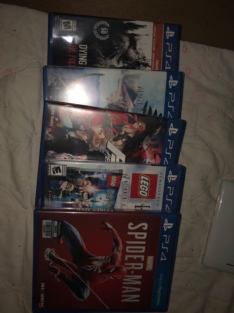PS4 Games Bundle (Category: PlayStation) located in Quezon City. Submitted by steeldesign (Listing ID 272179423, Image 2). Description: Region 3/All Monster Hunter World(unused codes)-1100 Dying Light Definitive Edition-1100 Persona 5-900 Harry Potter Collection 1-7 Years - 1000 Price is negotiable for sure buyers. Rfs: Busy with work, barely used (stock at cabinet).