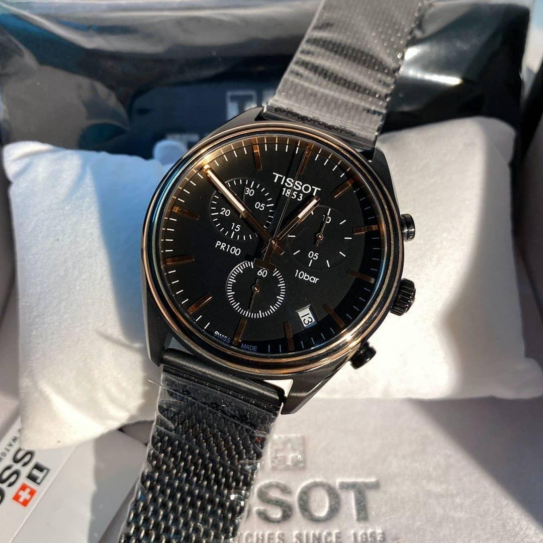 Tissot PR 100 Chronograph Black Dial Silver Mesh Bracelet Watch For Men - T101.417.11.051.01