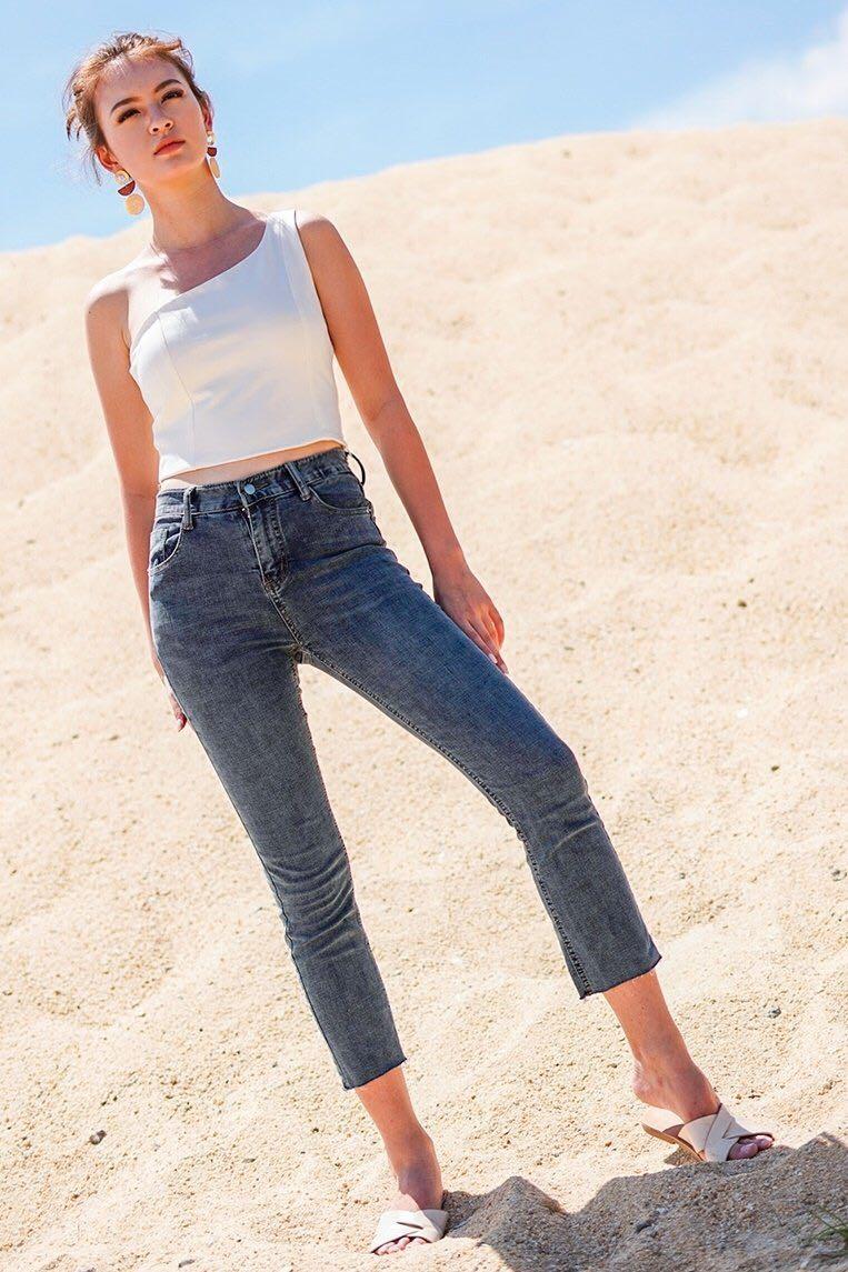 High waist jeans single button clearance
