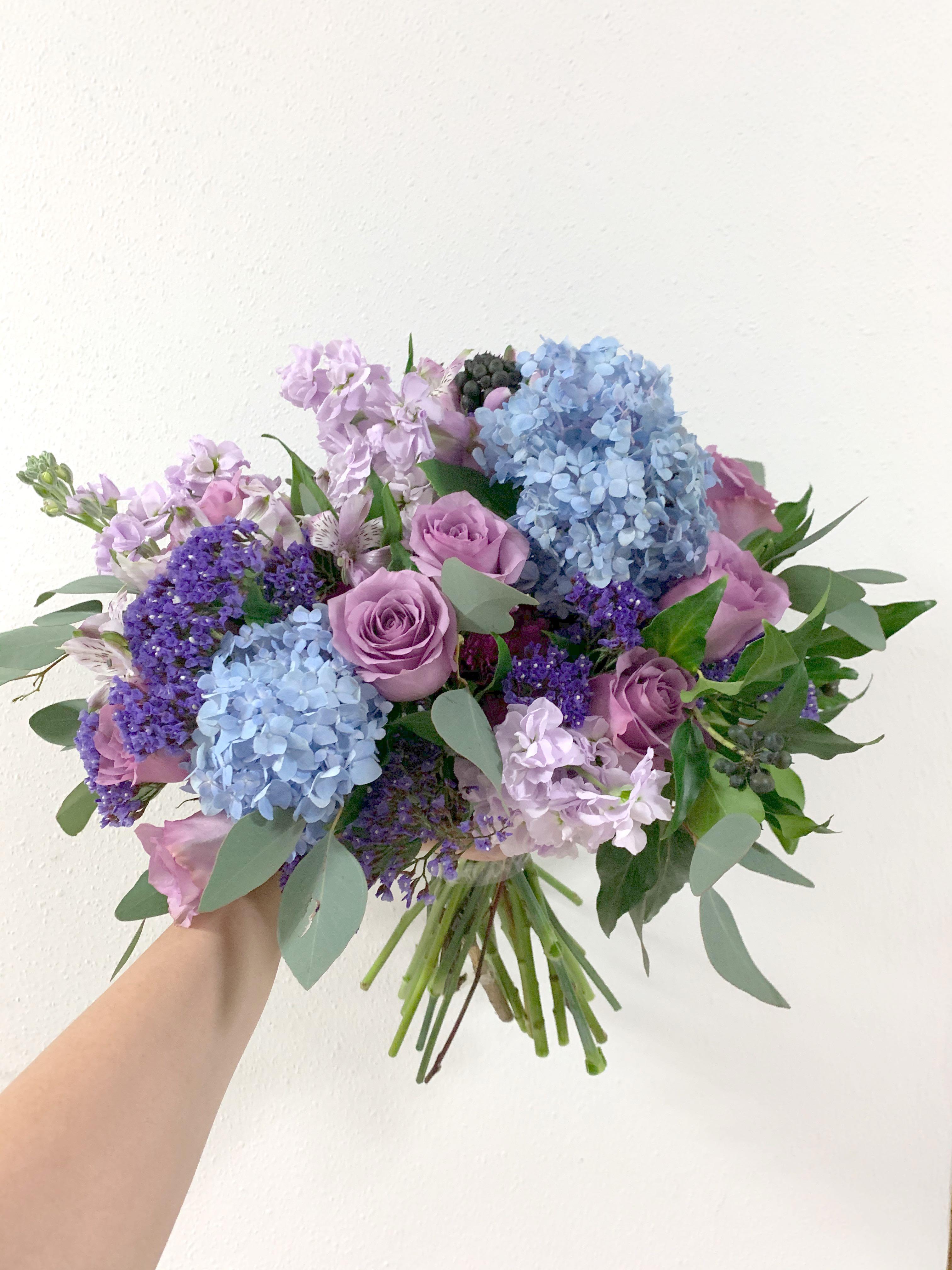 Purple Roses And Blue Hydrangeas Bridal Bouquet Design Craft Others On Carousell