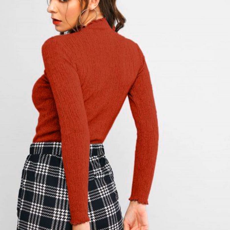 Solid lettuce trim mock neck slim cut sweater 紅色顯瘦荷葉領薄長袖衫