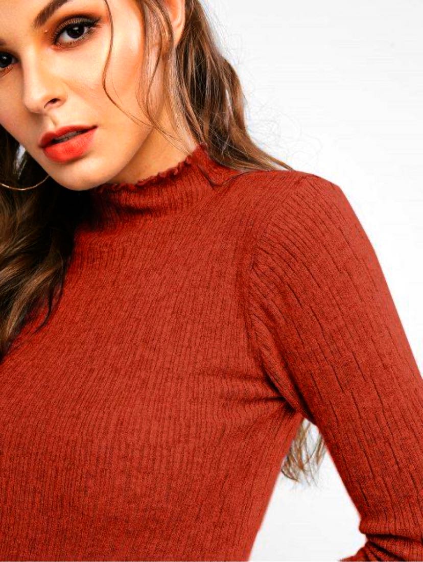 Solid lettuce trim mock neck slim cut sweater 紅色顯瘦荷葉領薄長袖衫