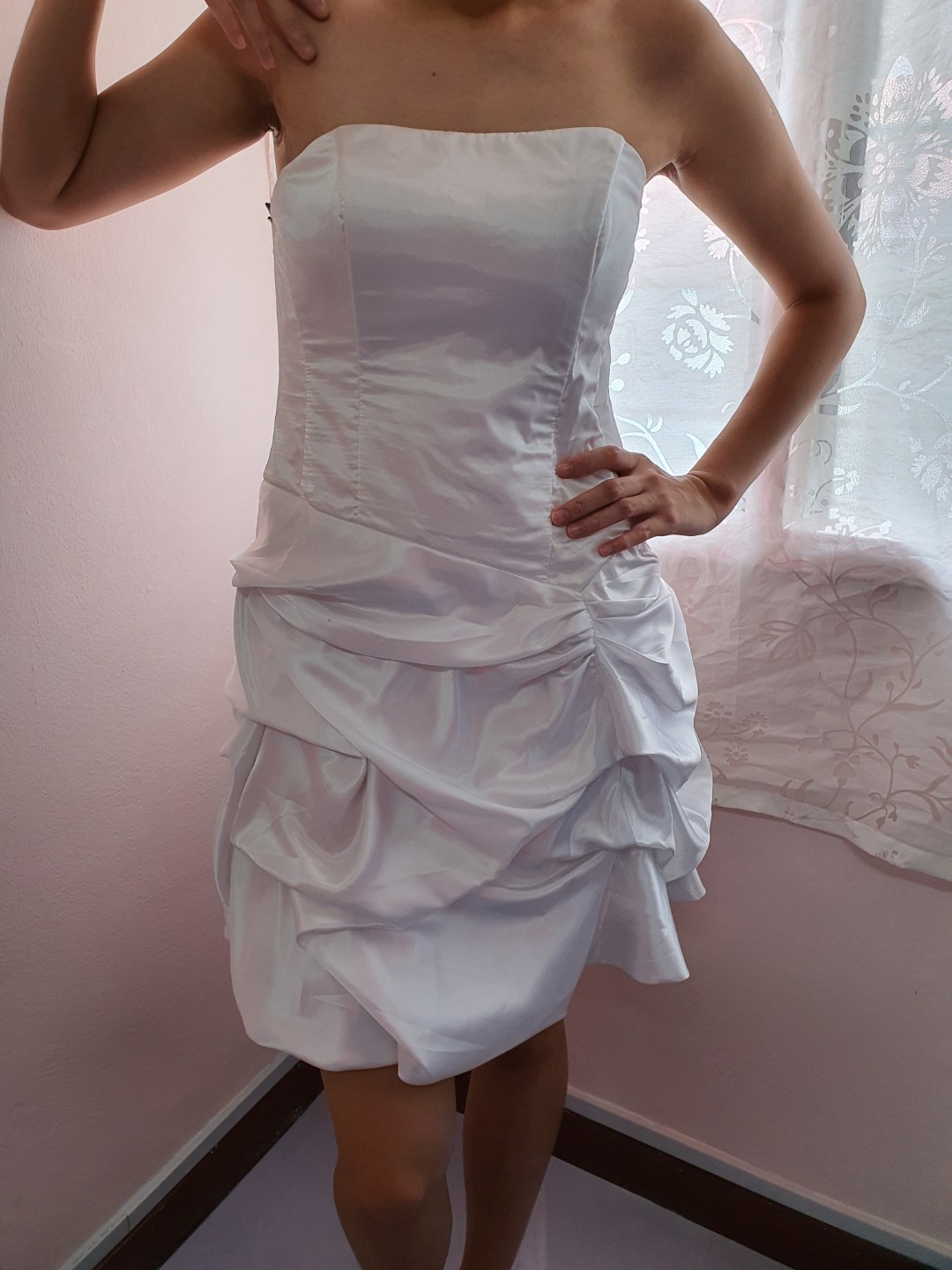 White satin silk layer cocktail bridal dress