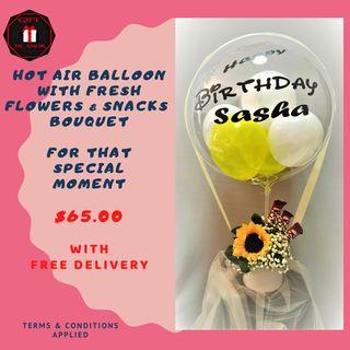 Be Different!! "Birthdays" HotAir Balloon With Fresh Flowers Bouquet & Snack (Free Delivery)