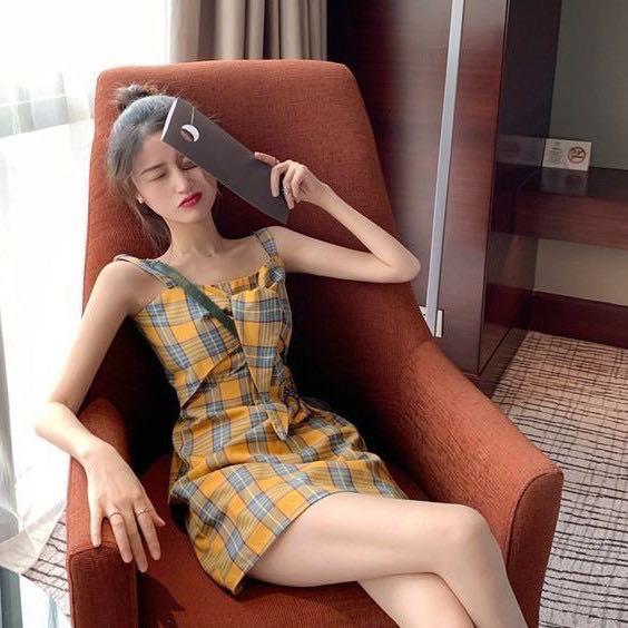 727 yellow plaid checkered bow tie wrap dress skirt grid ulzzang vintage retro korean mini dress club a line Women s Fashion Tops Sleeveless on Carousell