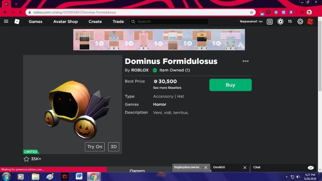 Roblox Account With Dominus 30k Worth Of Robux Toys Games Board Games Cards On Carousell - buy roblox account with dominus