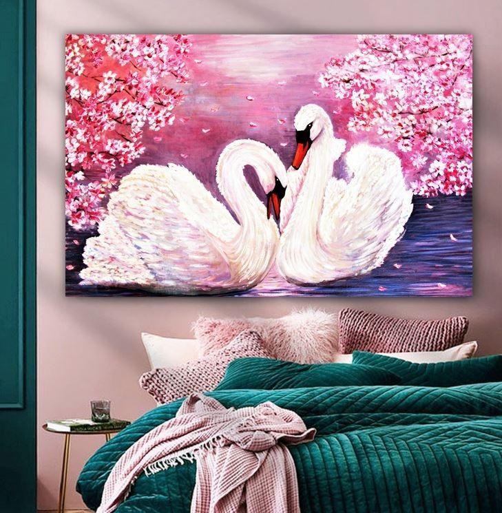 Elegant Romantic Swans Lovebirds Oil Painting Canvas Art Print
