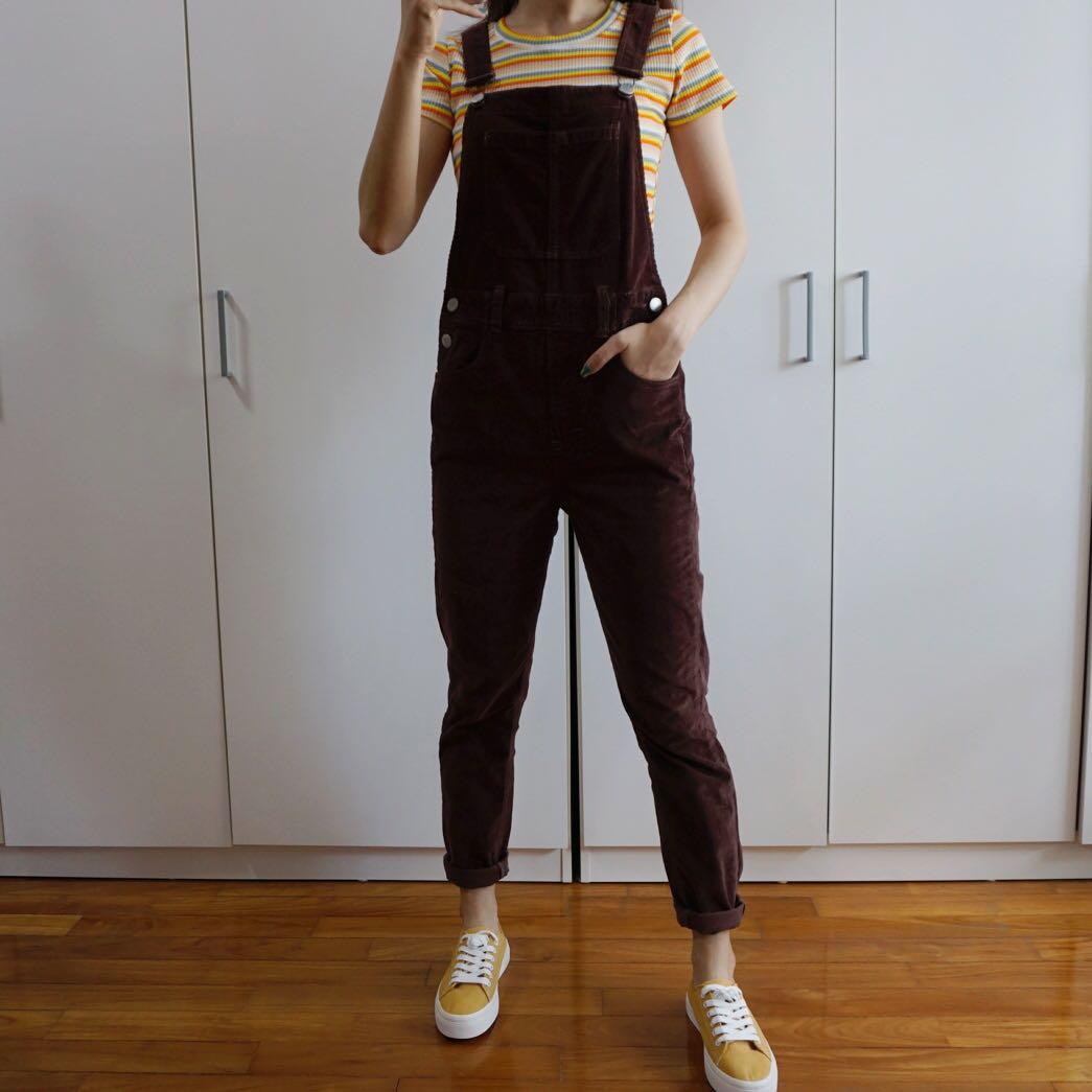 Free People Slim Ankle Corduroy Overalls Brown
