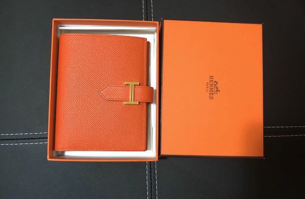 HERMES Ostrich Bearn Compact Wallet Orange 191410