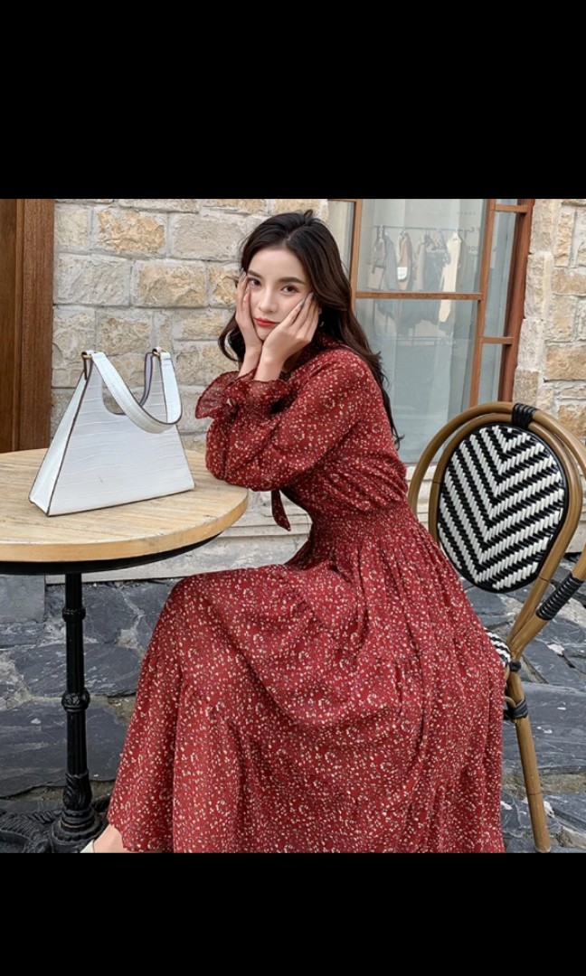 Red floral dress long sleeve sale