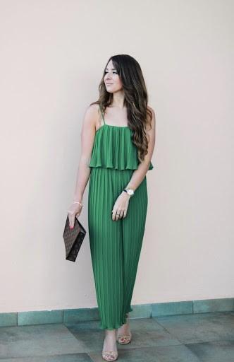 pleated green jumpsuit