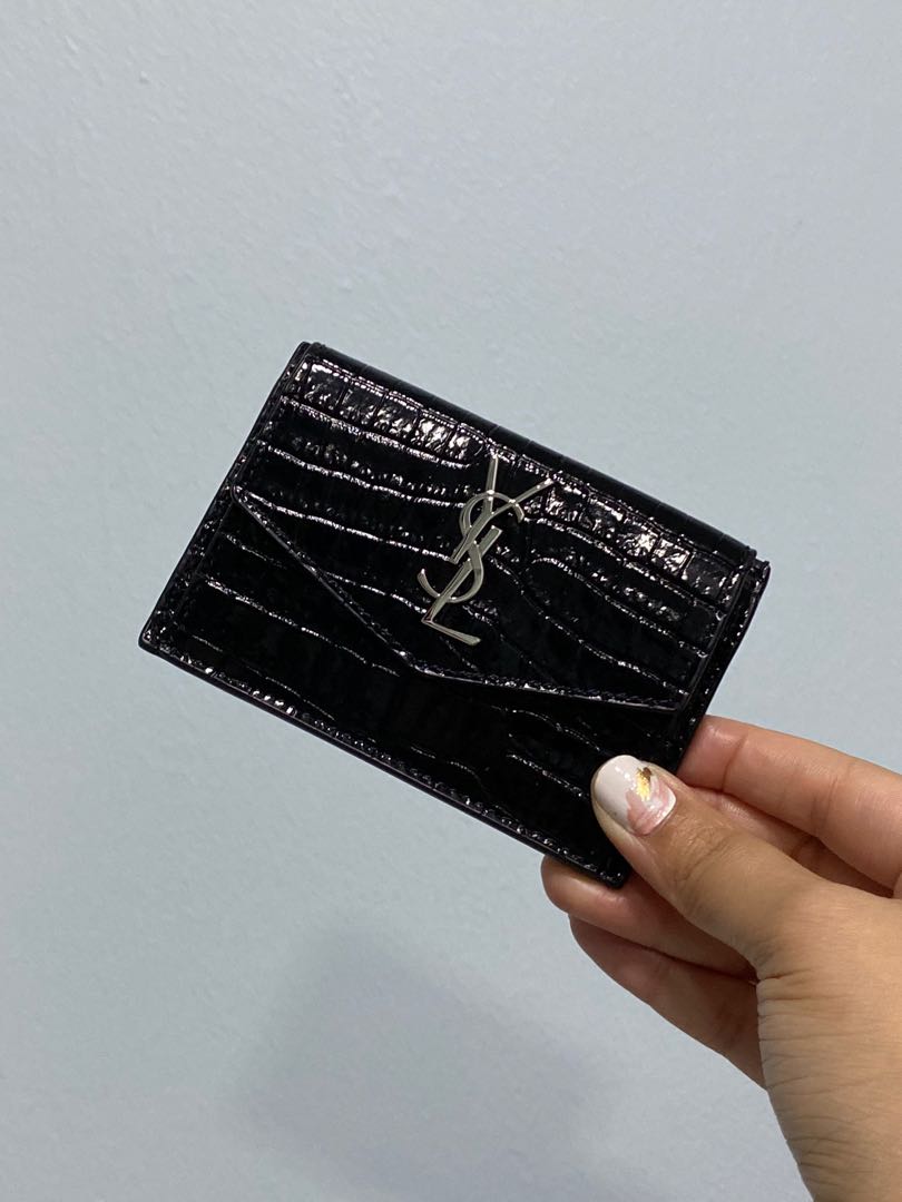 YSL UPTOWN CARD CASE IN SHINY CROCODILE-EMBOSSED LEATHER