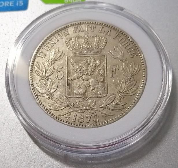 比利時1870年利奧波德二世5法郎銀幣 AU+ 完整金黃包漿 保真 附內墊圓盒 照片瀏覽 2