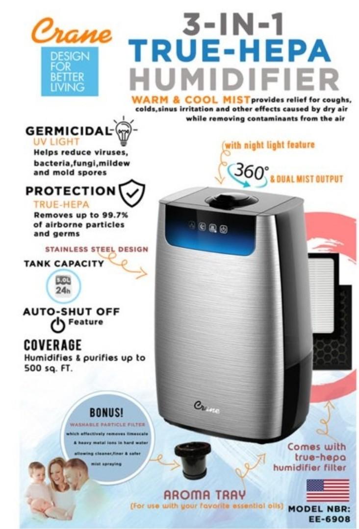 Crane 3 in 1 True Hepa Humidifier (Category: Air Purifiers & Dehumidifiers) located in Manila. Submitted by aaronmerchandise (Listing ID 285359992, Image 2). Description: Crane 3 in 1 True Hepa Humidifier GERMICIDAL – UV light Helps reduce viruses, bacteria, fungi, mildew and mold spores • PROTECTION – True-hepa removes up to 99.7% of airborne pacticles and germs • ULTRA-EFFICIENT, LONG-LASTING DESIGN – The Crane – 3-IN-1 True-Hepa Humidifier – W