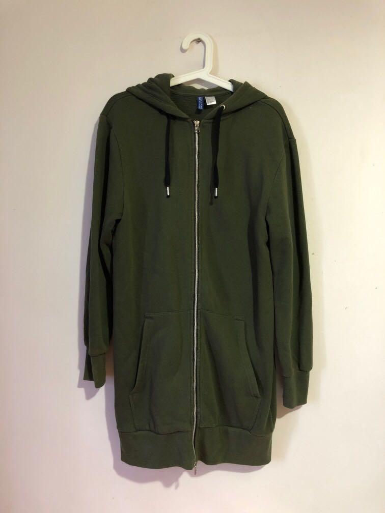 H M Men s Green Longline Sweat Full zip Hoodie Men s Fashion Tops Sets Hoodies on Carousell