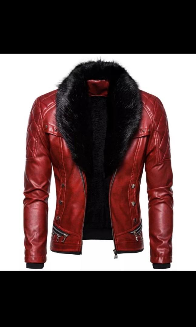 Red faux leather jacket mens on sale